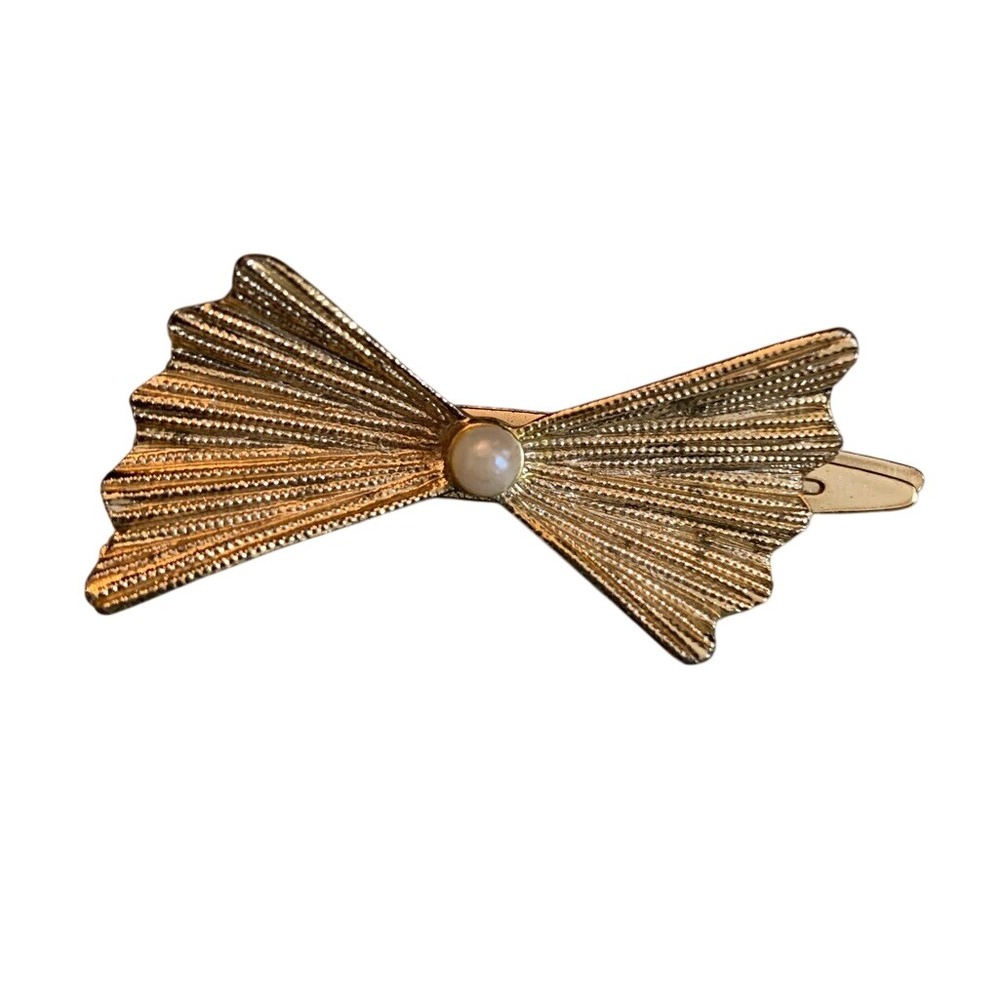Vintage Goldtone Textured Bow Tie Clip Faux Pearl Center 1 3/4"